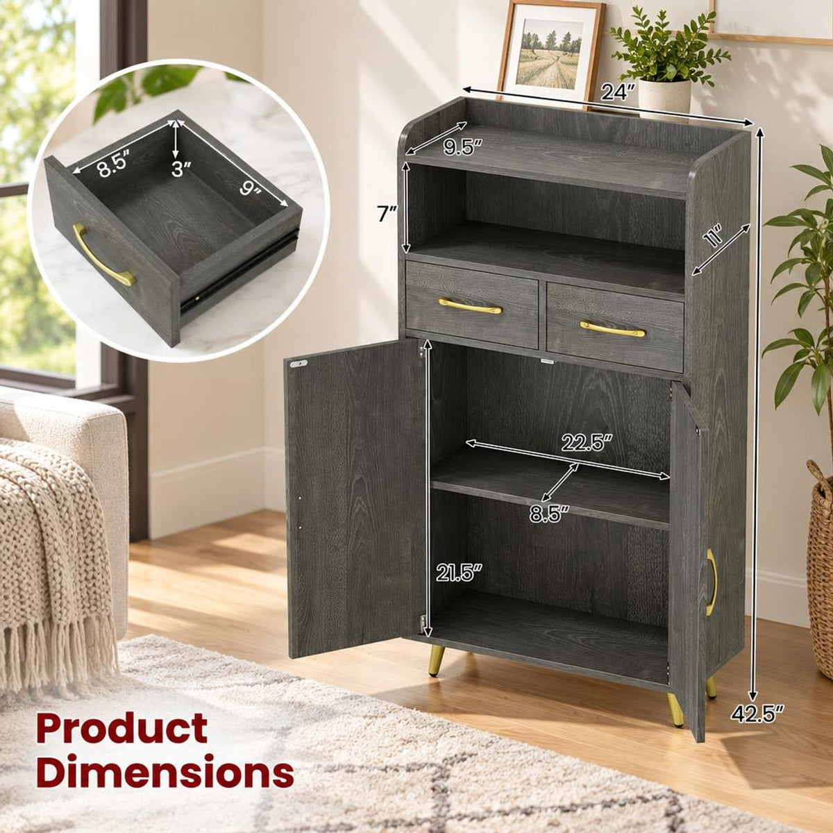 Airfind Bathroom Storage Cabinet Freestanding Floor Cabinet with 2 Drawers and 2 Doors, 44 lbs Capacity, Engineered Wood Metal Frame, Gray