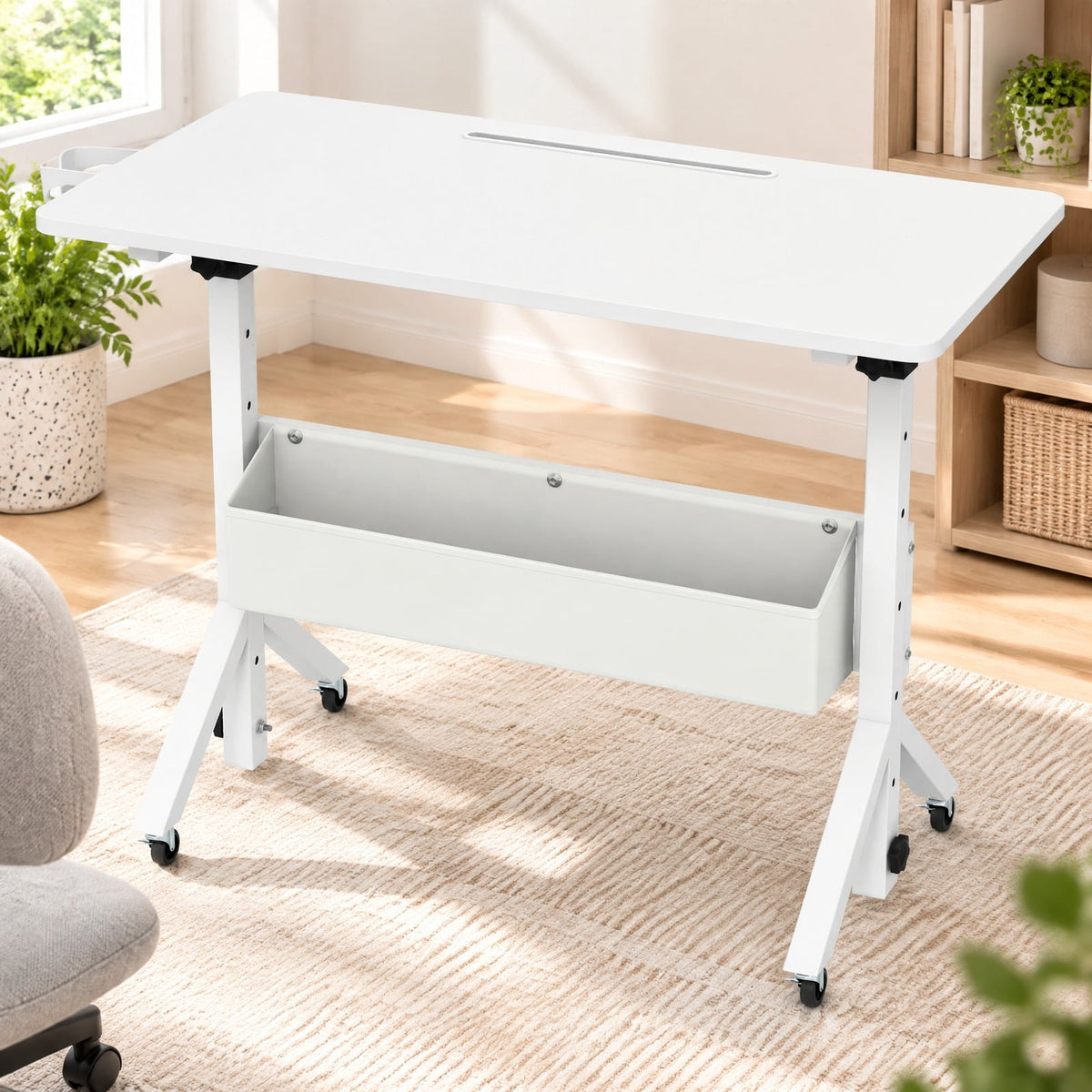 Airfind Mobile Standing Desk Height Adjustable Rolling Laptop Desk with Cup Holder Storage Basket, 110 lbs Capacity, White