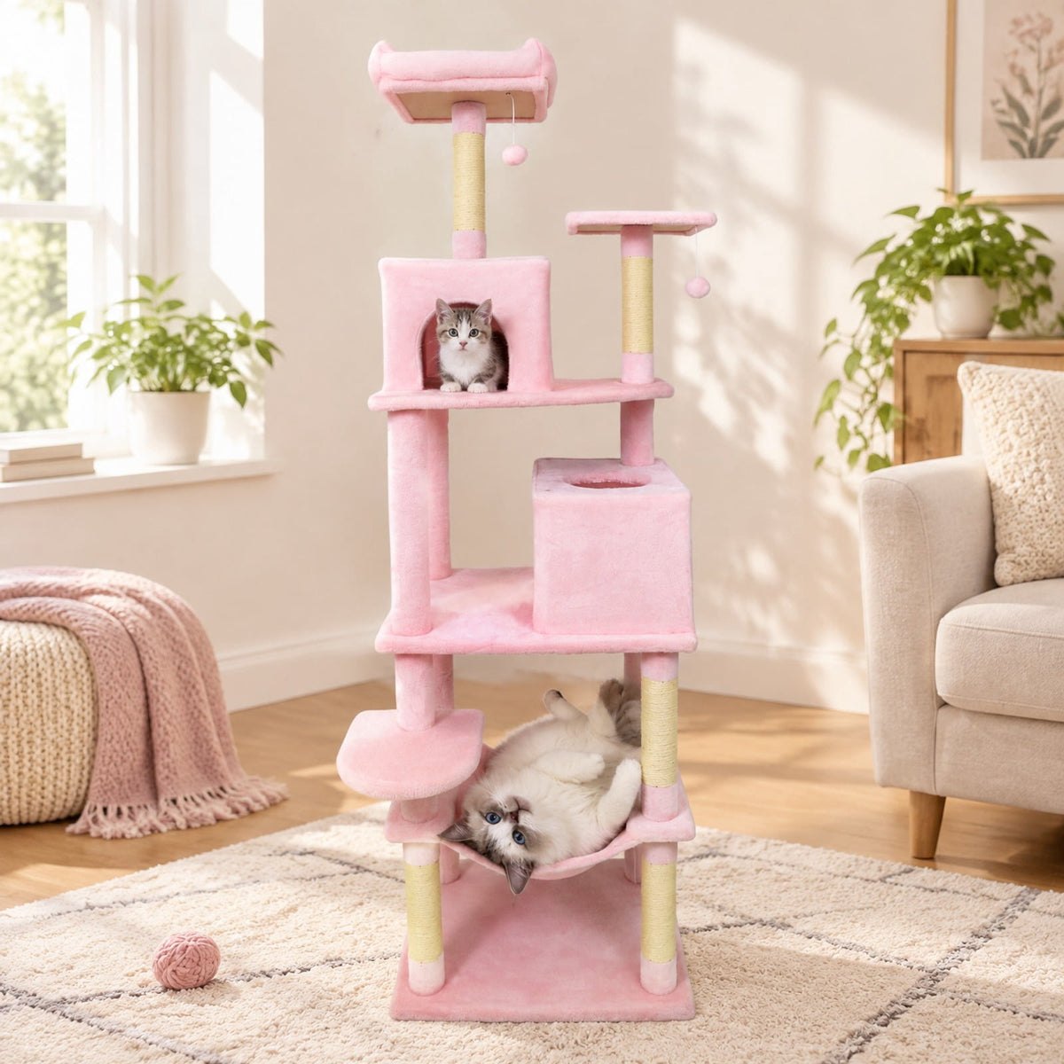 Airfind Multi-level Cat Tree Modern Cat Tower with Upholstered Perch and 2 Cat Condo, 24 x 18.5 Footprint, Pink