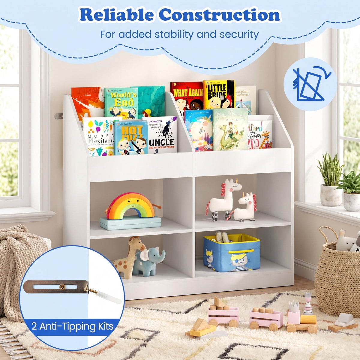 Airfind 3-Tier Kids Bookshelf Toy Storage Organizer with Display Rack and 4 Compartments, 11 lbs Capacity, Engineered Wood Frame, White