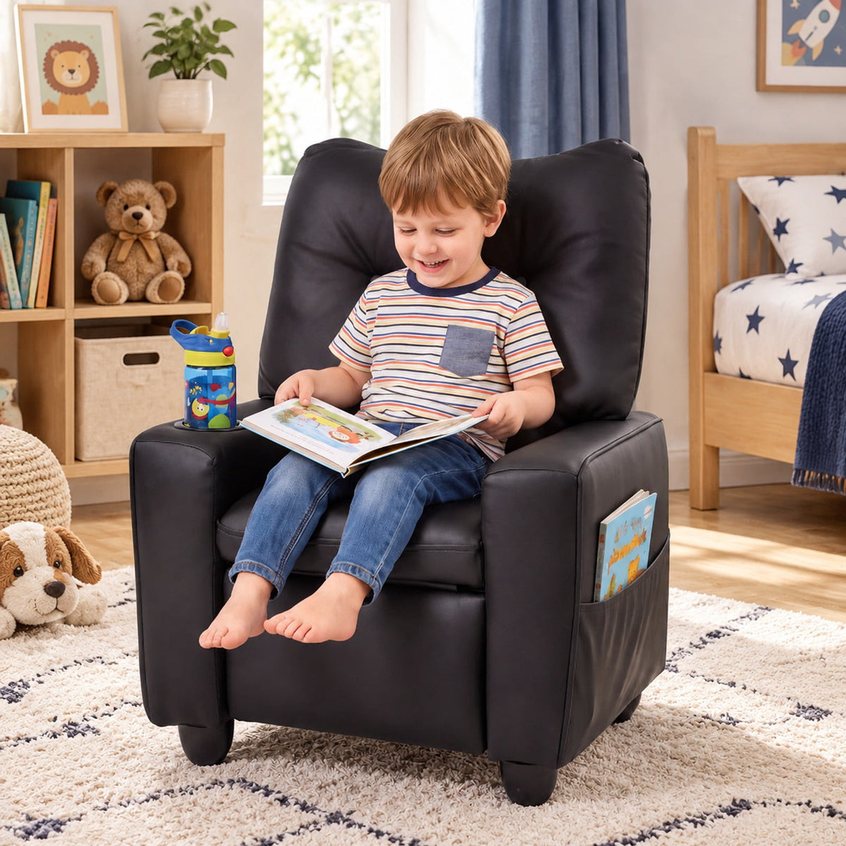 Airfind Youth Recliner featuring Cup Holder Armrests and Adjustable Backrest for Playroom, Wood Frame, 24 Inch x 21 Inch x 30 Inch Lying Footprint, Black