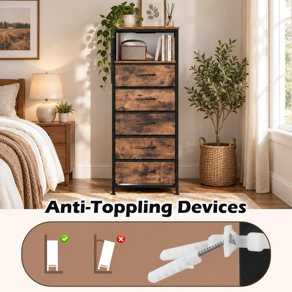 Airfind Nightstand with Integrated Charging Station 39 Inches Modern Bedside Table, 56 kg/123.5 ls Capacity, Metal MDF Non-Woven Fabric Frame, Brown