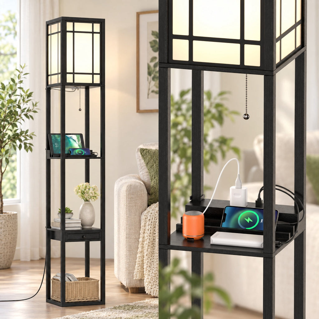 Airfind Modern Floor Lamp with Shelves and Drawer, MDF plastic Frame, 10 x 10 x 63 Footprint, Black