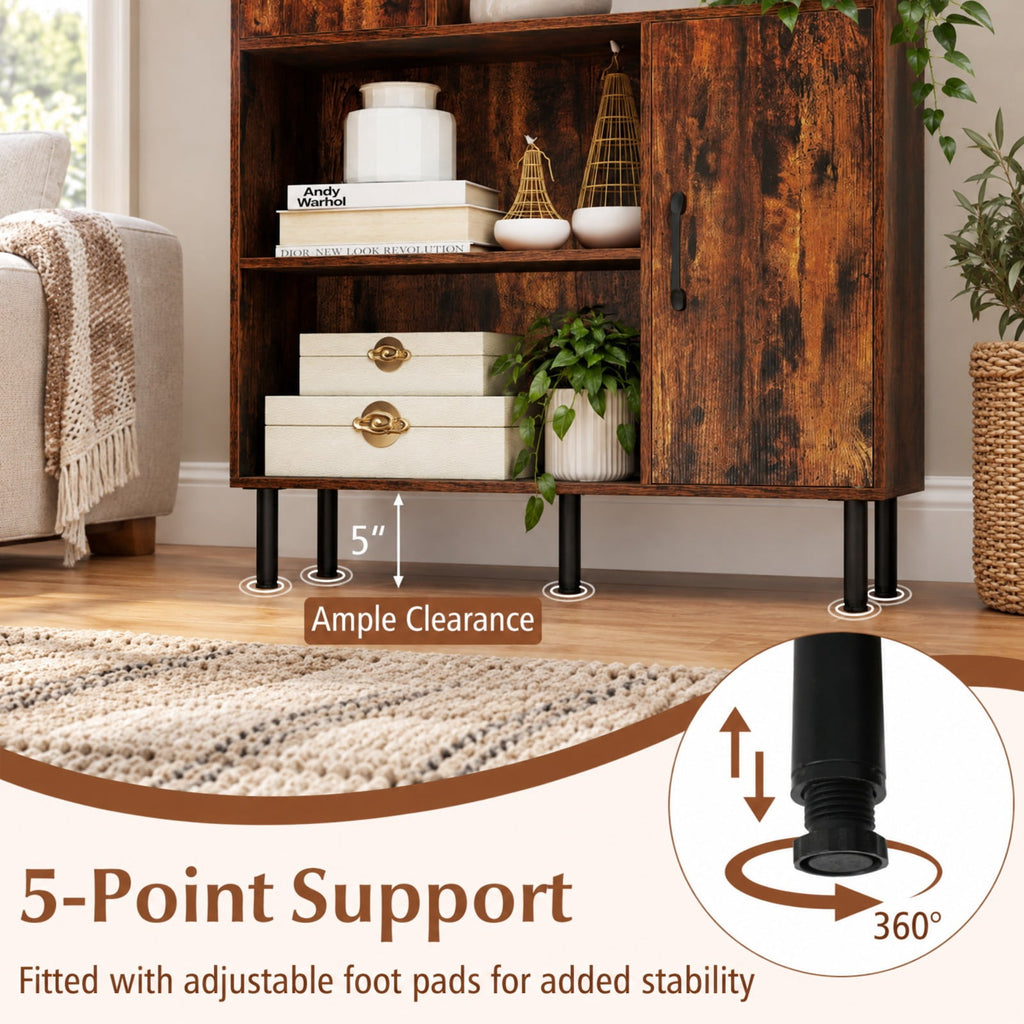 Airfind 47 Inch Storage Cabinet Freestanding Bookcase with 2 Doors and 4 Open Shelves, 176 lbs Capacity, Engineered Wood MDF Metal Frame, Brown