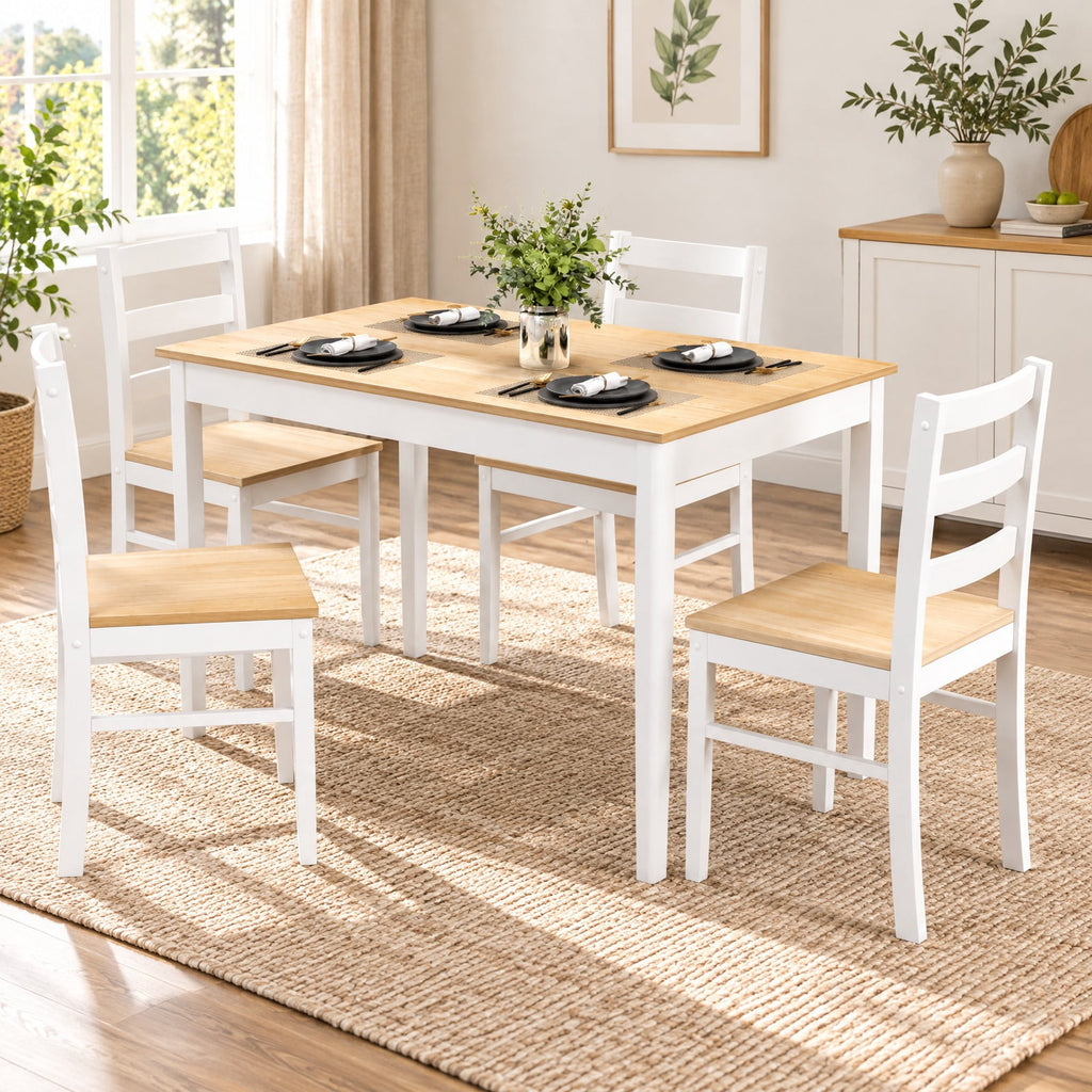 Airfind 5-Piece Wooden Dining Set with Rectangular Table and 4 Chairs, 200 lbs Capacity, Rubber Wood Acacia Wood Veneer MDF Plywood Frame, Natural