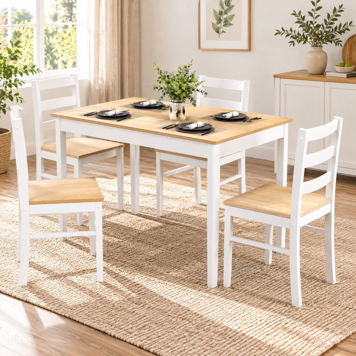 Airfind 5-Piece Wooden Dining Set with Rectangular Table and 4 Chairs, 200 lbs Capacity, Rubber Wood Acacia Wood Veneer MDF Plywood Frame, Natural