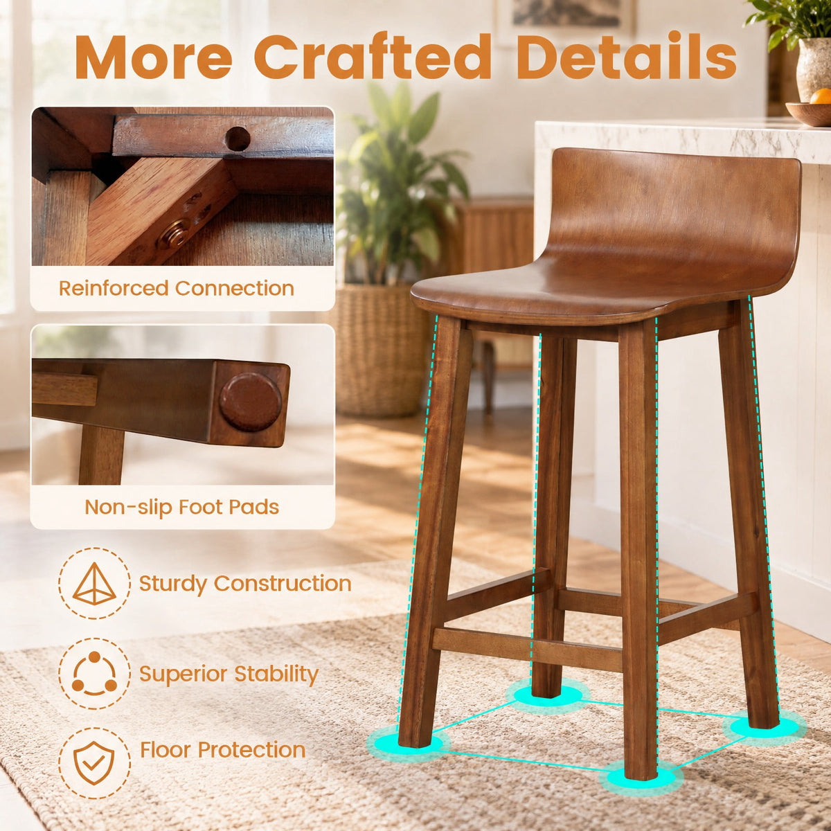Airfind Wood Bar Stools Set of 2 with Solid Back and Seat, Brown, Ergonomically designed backrest fits your body curve, Brown/Black/White/Walnut