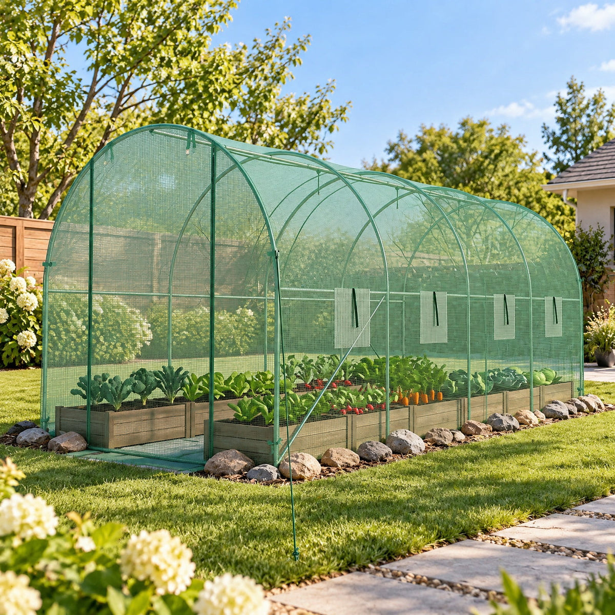 Airfind 15 x 7 x 7 ft Walk-in Tunnel Greenhouse with Watering System, Galvanized Steel Frame, 15 x 7 x 7 ft Footprint, Green