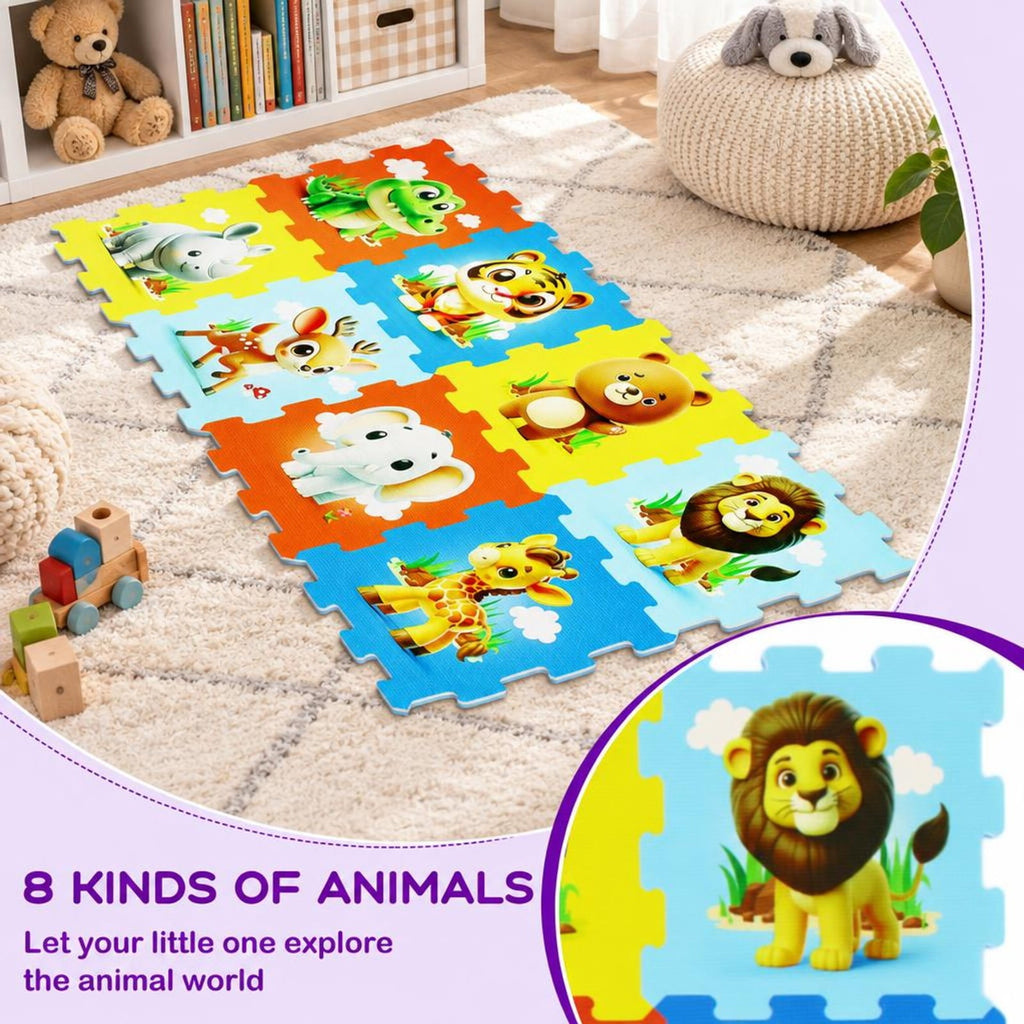 Airfind EVA Foam Baby Play Mat with 8 Interlocking Animal Shapes, Non-Slip Stackable Activity Floor Tiles for 10 Months and Up, Colorful