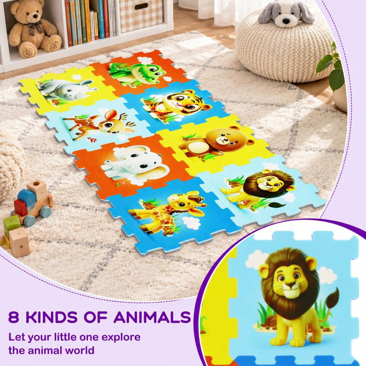 Airfind EVA Foam Baby Play Mat with 8 Interlocking Animal Shapes, Non-Slip Stackable Activity Floor Tiles for 10 Months and Up, Colorful