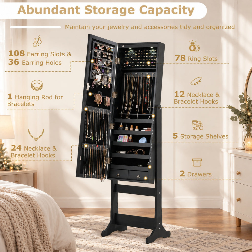 Airfind Lockable Freestanding Jewelry Cabinet Armoire with Full-Length Mirror and Lights, MDF Glass, 16 Inch X 14.5 Inch X 57.5 Inch, Black