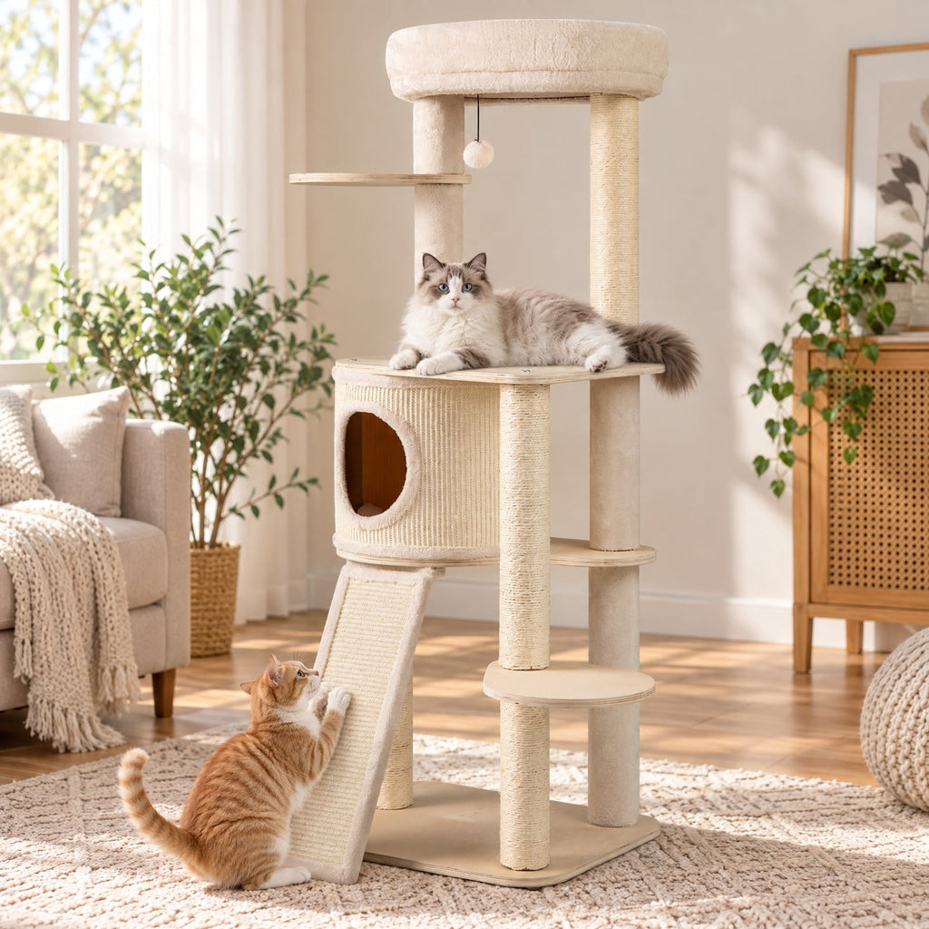 Airfind 56 Inch Tall Cat Tree with 2 Sisal Scratching Posts and Ladder, 33 lbs Capacity, 23 Inch x 19 Inch x 56 Inch Condo Footprint, Natural
