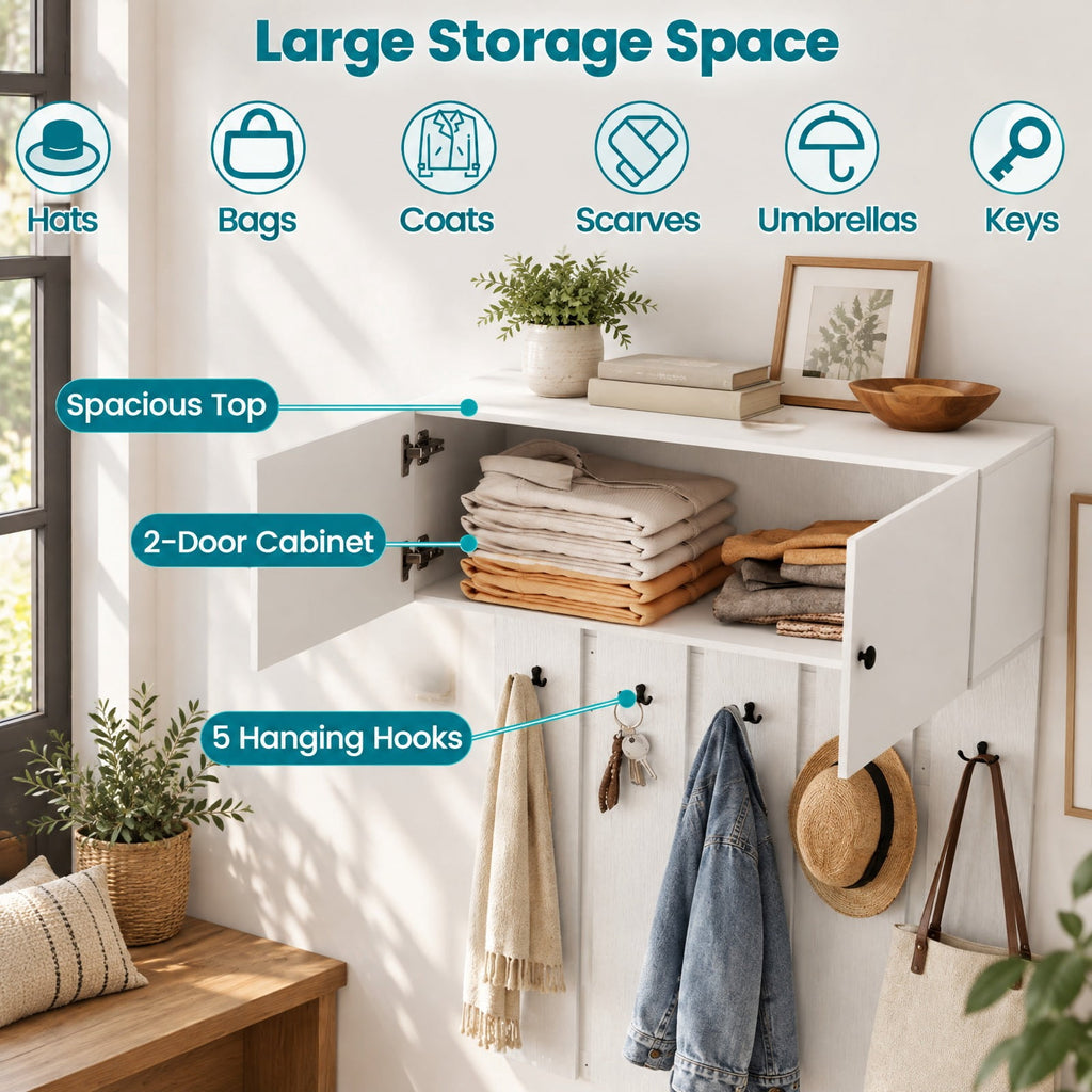 Airfind Entryway Wall Coat Rack Wall Mounted Coat Clothes Rack, 145 lbs Capacity, Engineered Wood Frame, 35.4in x 13in x 82.7in Footprint, White