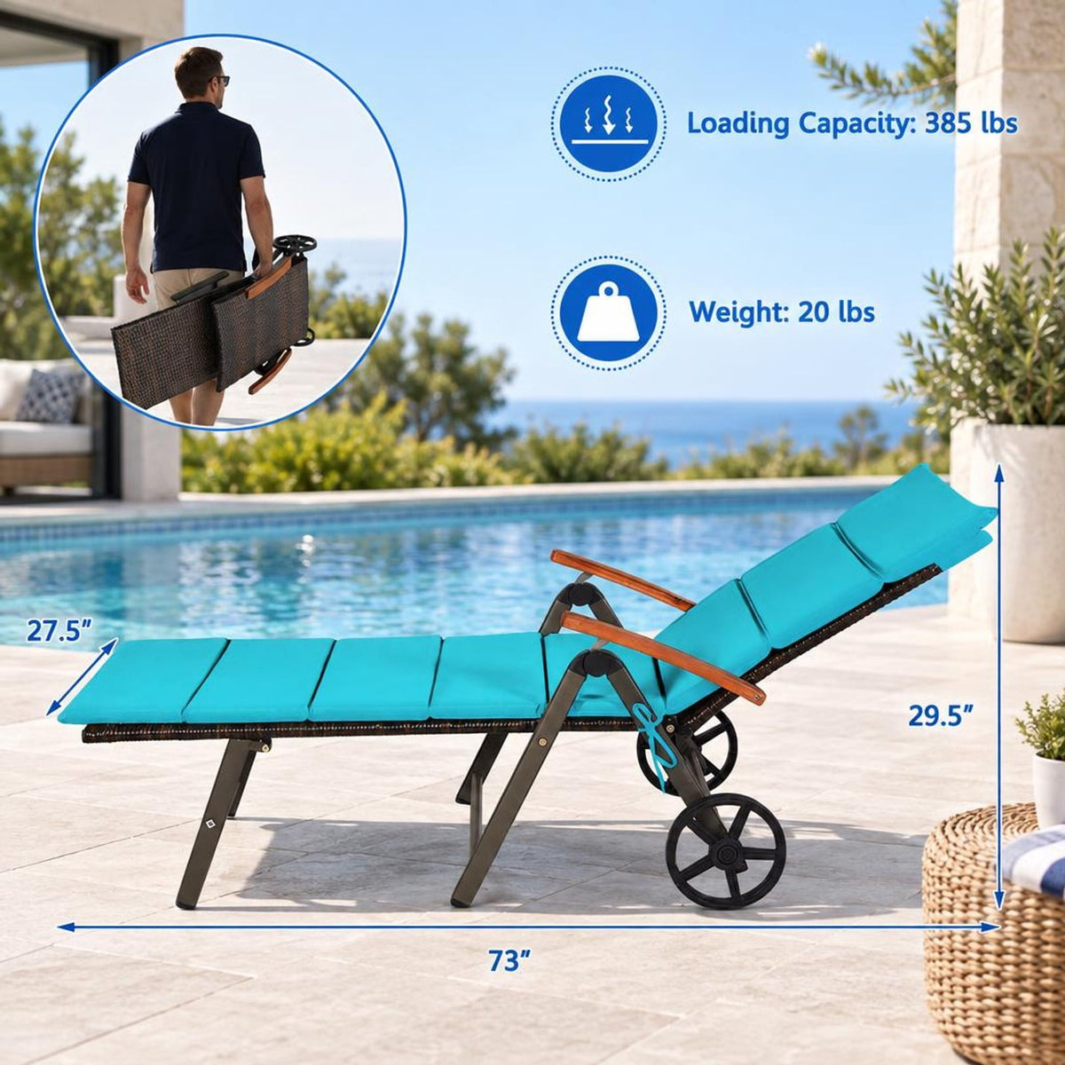 Airfind Outdoor Chaise Lounge Chair Rattan Lounger Recliner Chair, 385 lbs Height from ground to seat: 15.7 Capacity, PE rattan aluminum Frame