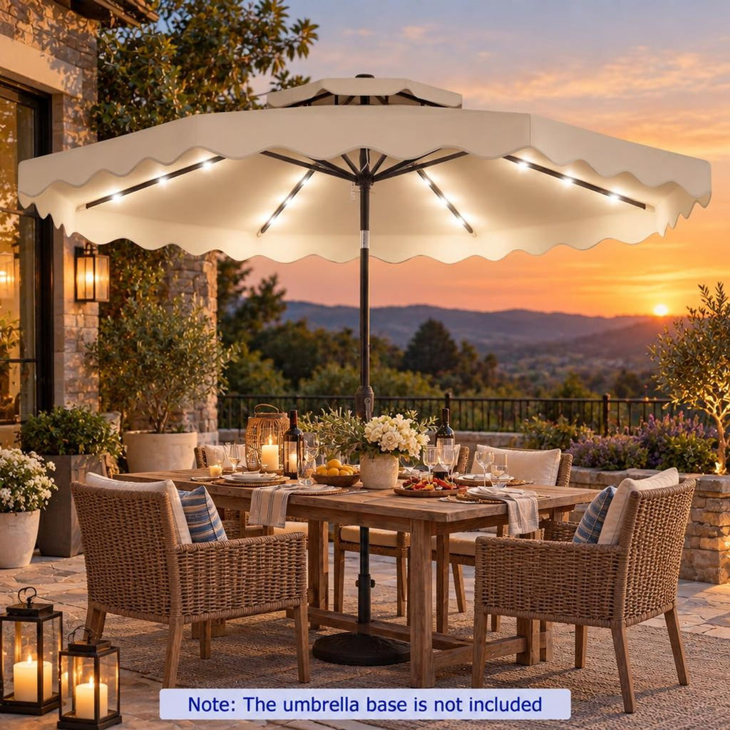 Airfind 9 FT Solar LED Patio Umbrella Push-Button Tilt and Crank 24 LED Lights and 8 Ribs, Polyester Fabric Metal Frame, 9 x 8.2 ft Footprint, Beige
