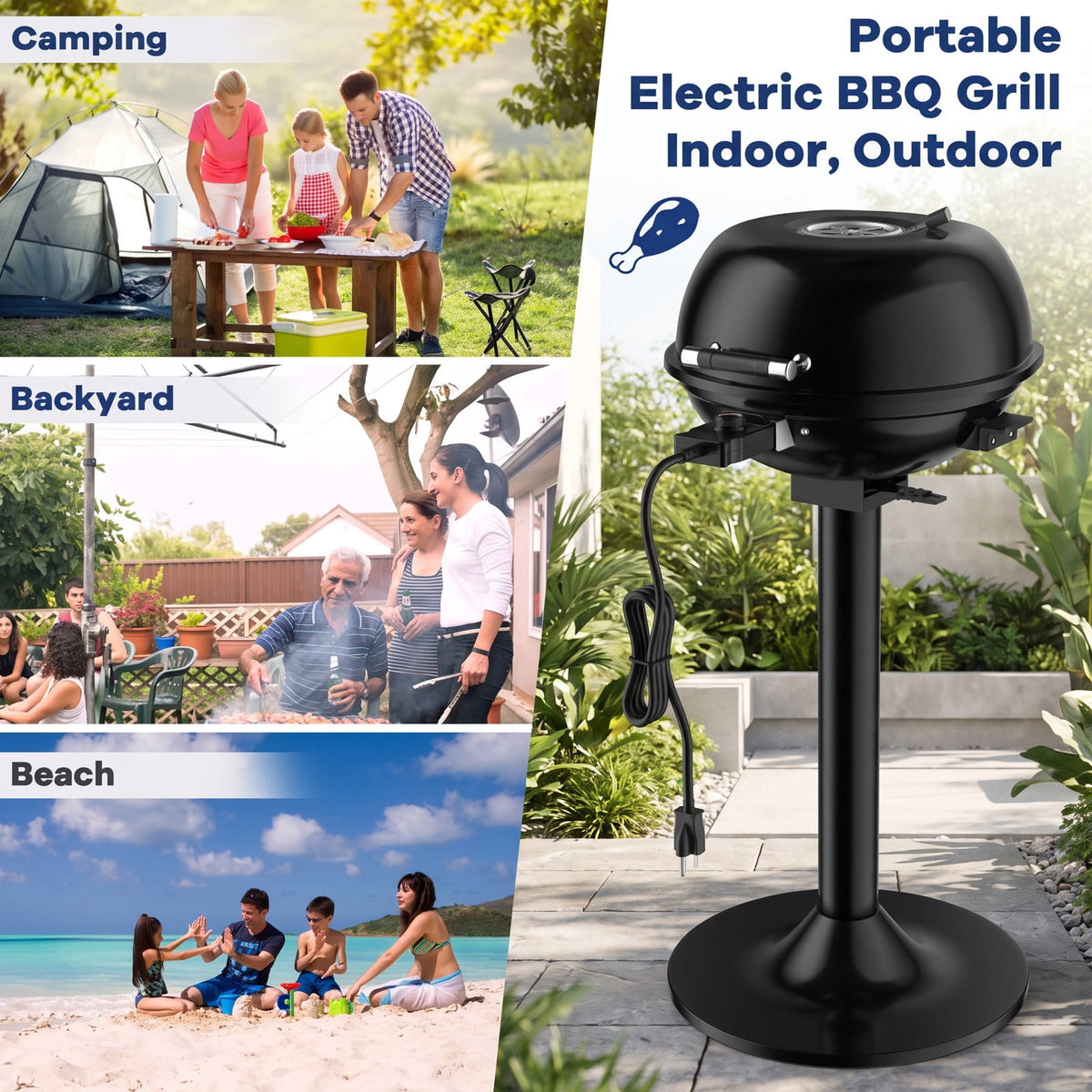 Airfind 1600W Portable Electric BBQ Grill featuring Removable Non-stick Rack, Metal Stainless Steel Frame, 20.5 Inch x 17.5 Inch x 32.5 Inch Footprint, Black