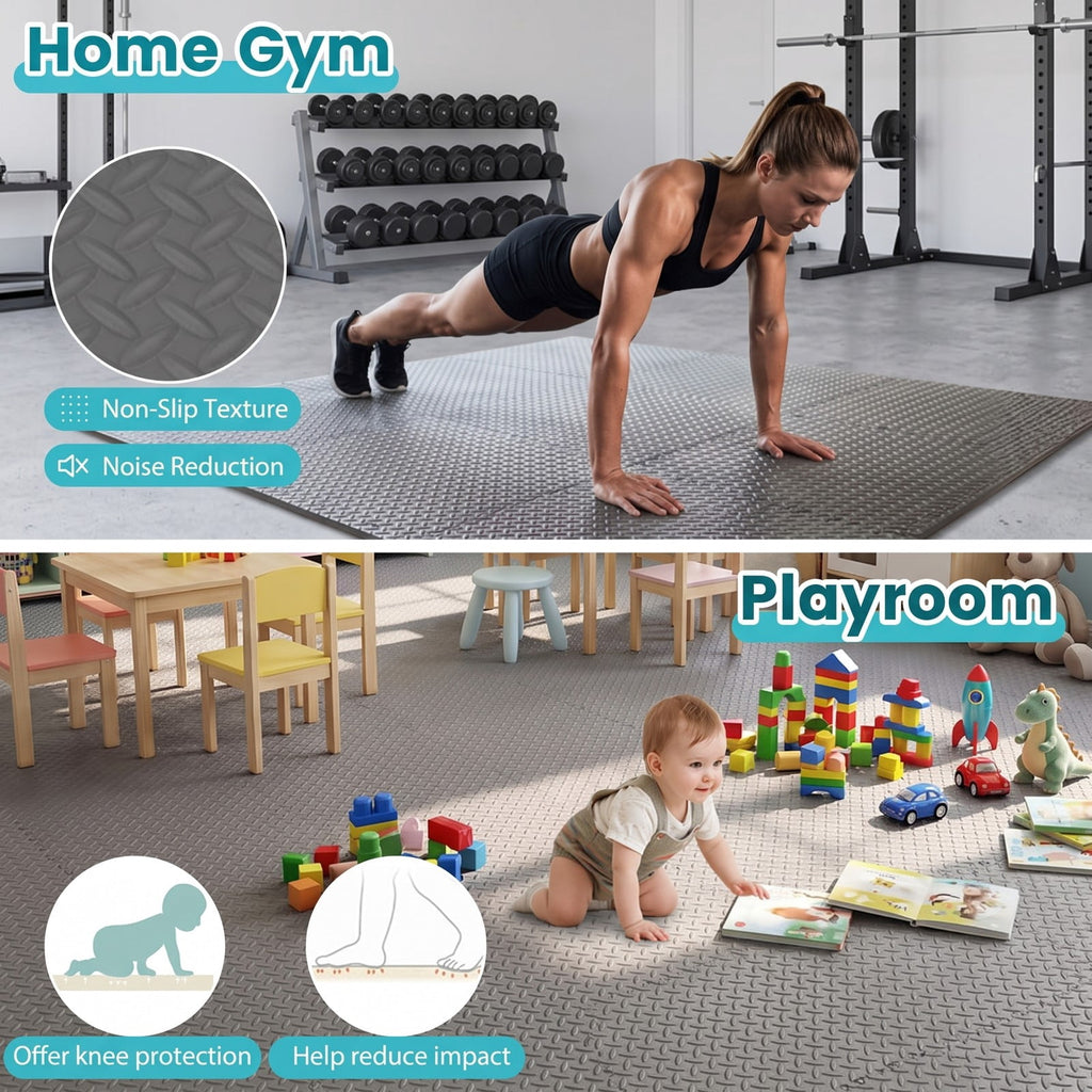Airfind 24 Tiles Puzzle Exercise Floor Mat with Interlocking EVA Foam and Non-Slip Texture for Home Gym Equipment Protection, Gray