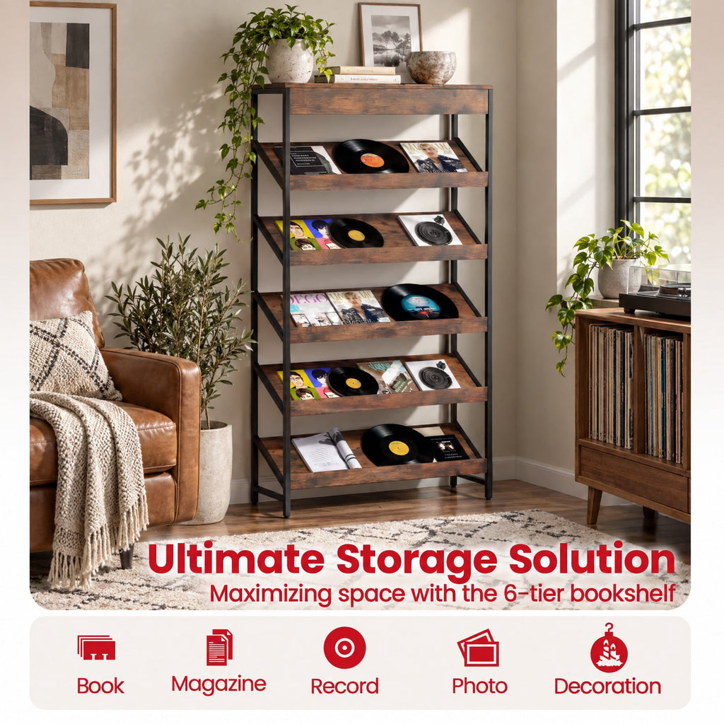 Airfind 6-Tier Tall Freestanding Bookshelf with Angled Shelves for Home Office, 230 lbs Capacity, Engineered Wood Frame, Brown