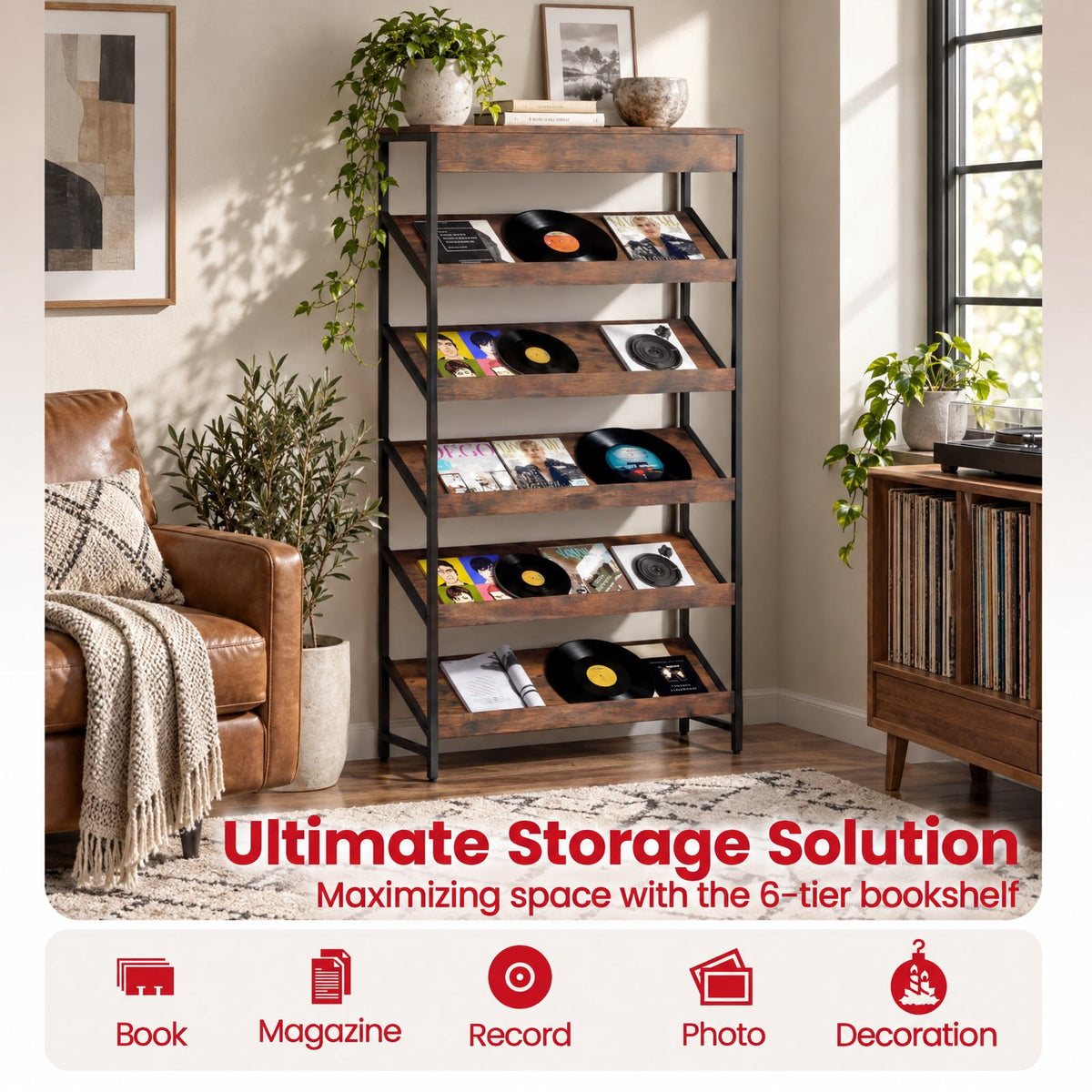 Airfind 6-Tier Tall Freestanding Bookshelf with Angled Shelves for Home Office, 230 lbs Capacity, Engineered Wood Frame, Brown