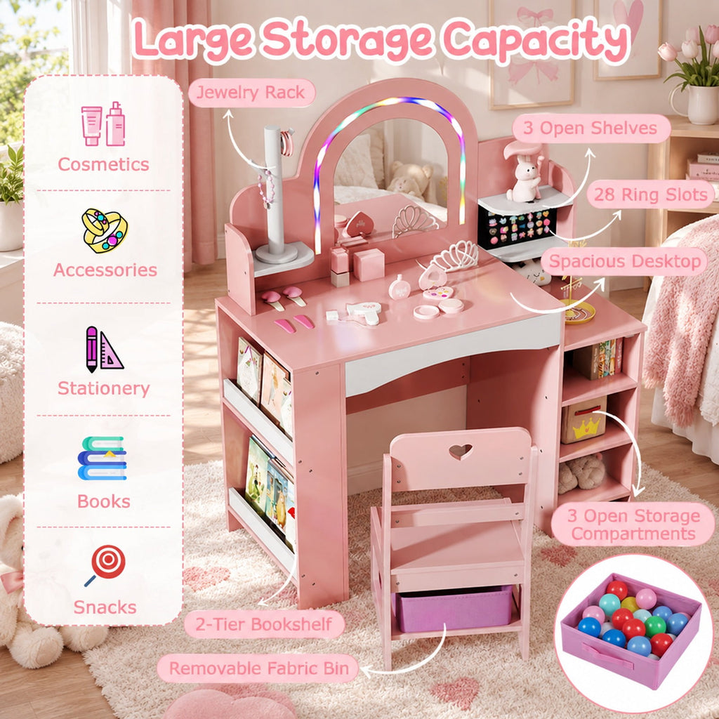 Airfind Kids Vanity Set with Colorful LED Lights Princess Makeup Dressing Table with Chair, 110 lbs Capacity, MDF Frame, 34in x 15.5in x 41in Footprint