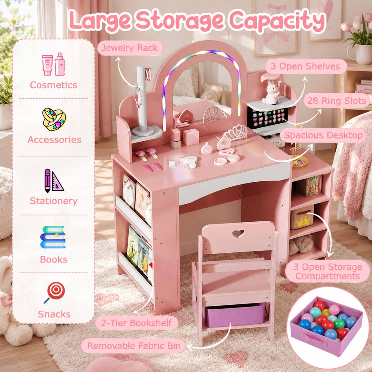 Airfind Kids Vanity Set with Colorful LED Lights Princess Makeup Dressing Table with Chair, 110 lbs Capacity, MDF Frame, 34in x 15.5in x 41in Footprint