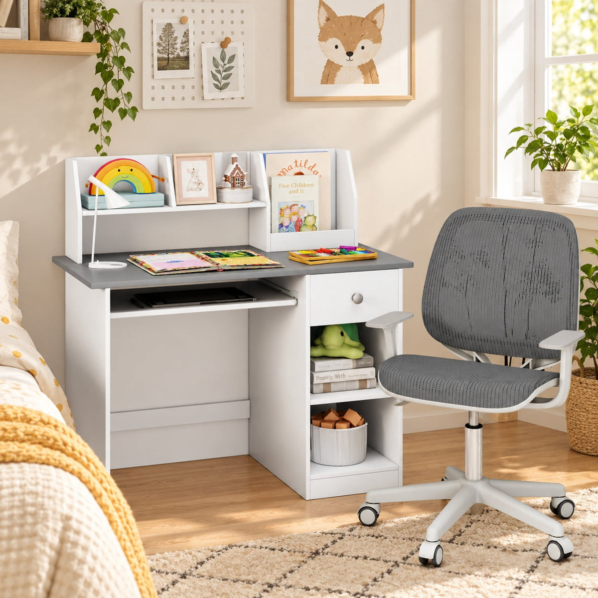 Airfind Kids Study Desk Children Writing Table with Hutch Drawer Shelves and Keyboard Tray, 200 lbs Capacity, Engineered Wood Frame, Grey