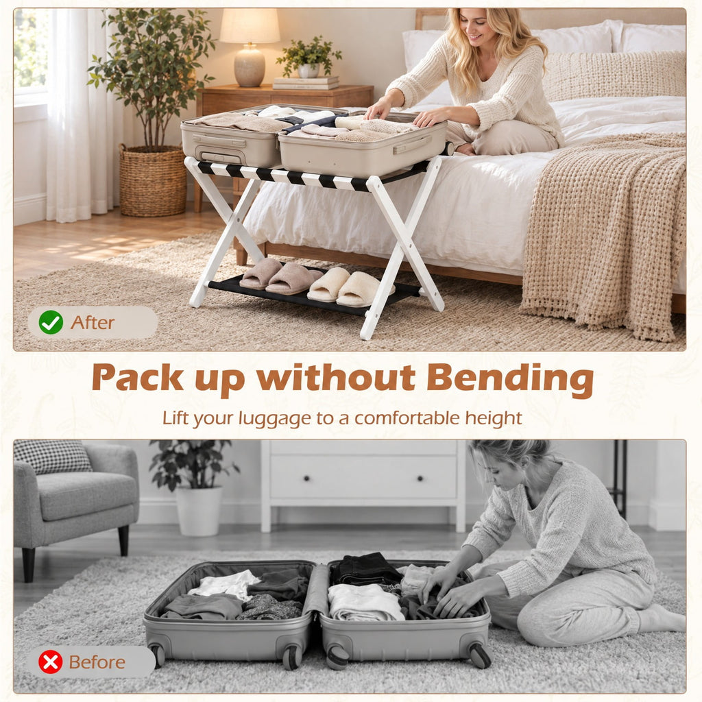 Airfind Solid Rubberwood Folding Luggage Rack with Nylon Shelves, 110 lbs Capacity, Rubberwood Nylon Frame, 26.5 x 18 x 20.5 Footprint, White