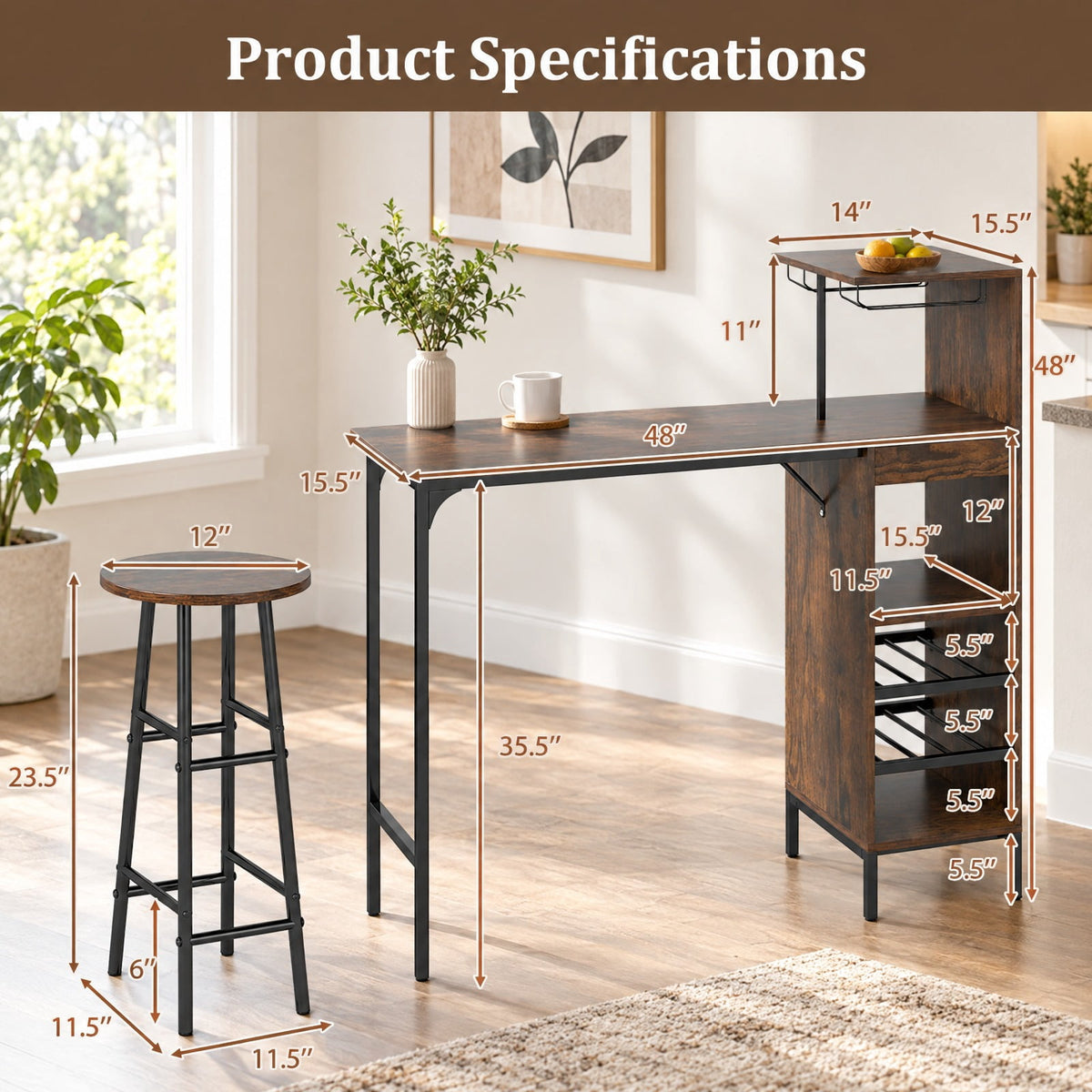 Airfind 3 Piece Bar Table and Chairs Set with 6-Bottle Wine Rack, MDF Metal, 48 Inch X 15.5 Inch X 48 Inch for Convenient Everyday Use, Brown