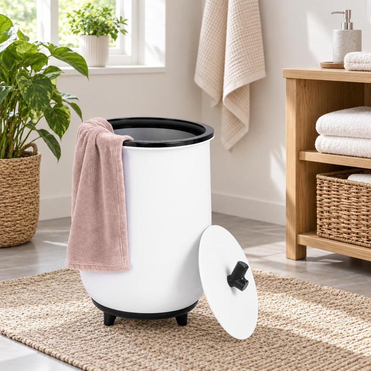Airfind 23L Large Luxury Bucket-Style Towel Warmer with Fragrant Disc Holder, Plastic Frame, 13.5in x 21in (Dia. x H) Rated Footprint, Black