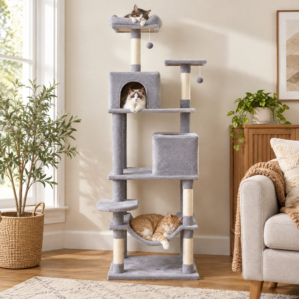 Airfind Multi-level Cat Tree Modern Cat Tower with Upholstered Perch and 2 Cat Condo, 24 x 18.5 Footprint, Gray