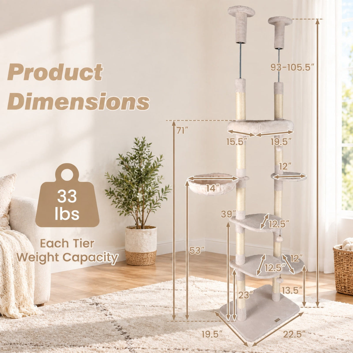 Airfind 6-tier Floor to Ceiling Cat Tree with Plush Bed and Sisal Scratching Posts, 33 kg Capacity, Plywood Plush Metal Sisal Rope Frame, Beige