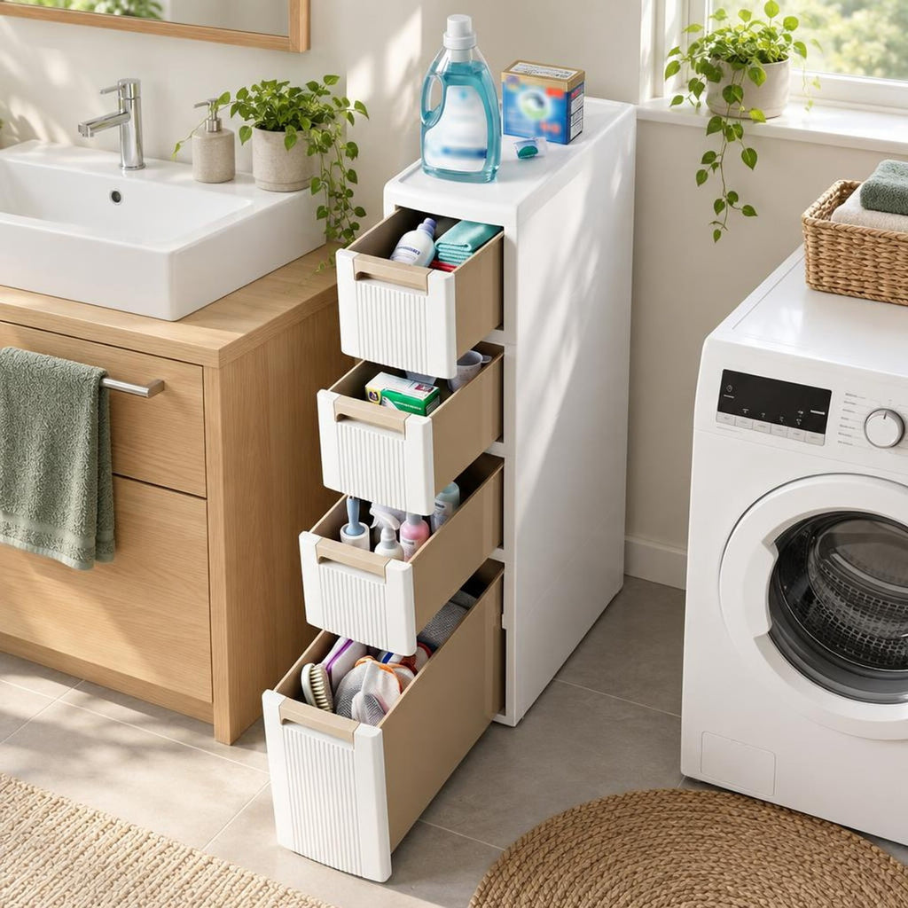 Airfind Narrow Storage Cabinet with Drawers and Removable Dividers, 11 lbs Capacity, PP Frame, 18 x 7 x 30 Footprint, Beige