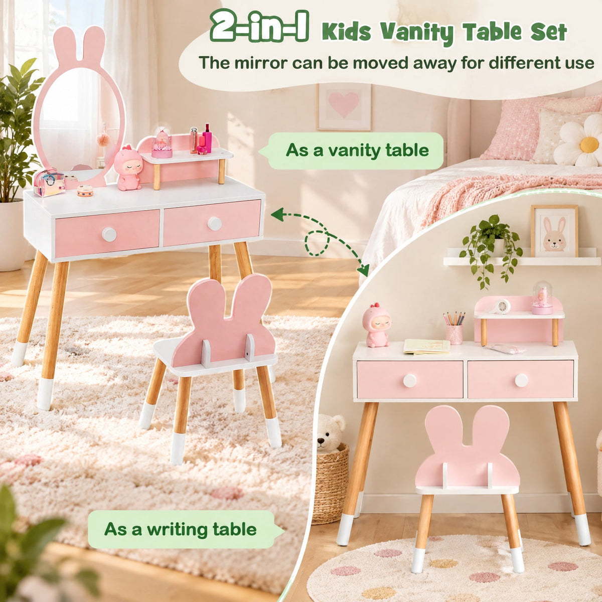 Airfind Kids Vanity Table and Chair Set with Drawer Shelf and Rabbit Mirror, 66 lbs Capacity, MDF Beech Wood Frame, Pink