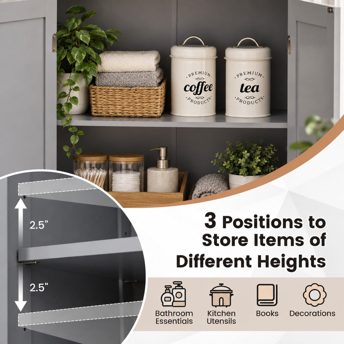 Airfind Bathroom Floor Storage Locker Kitchen Cabinet with Doors and Adjustable Shelf, MDF Frame, 23 x 12 x 43 inch Footprint, Gray
