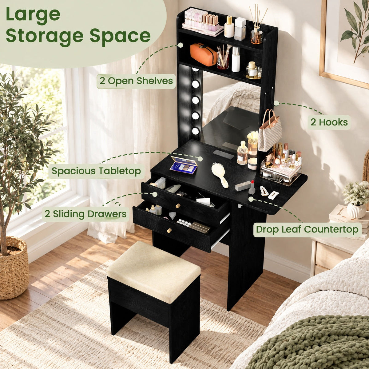 Airfind Compact Vanity Desk Set with 3-Color Lighted Mirror and Power Outlets, 50 kg Capacity, MDF Engineered Wood Glass Sponge Frame, Black
