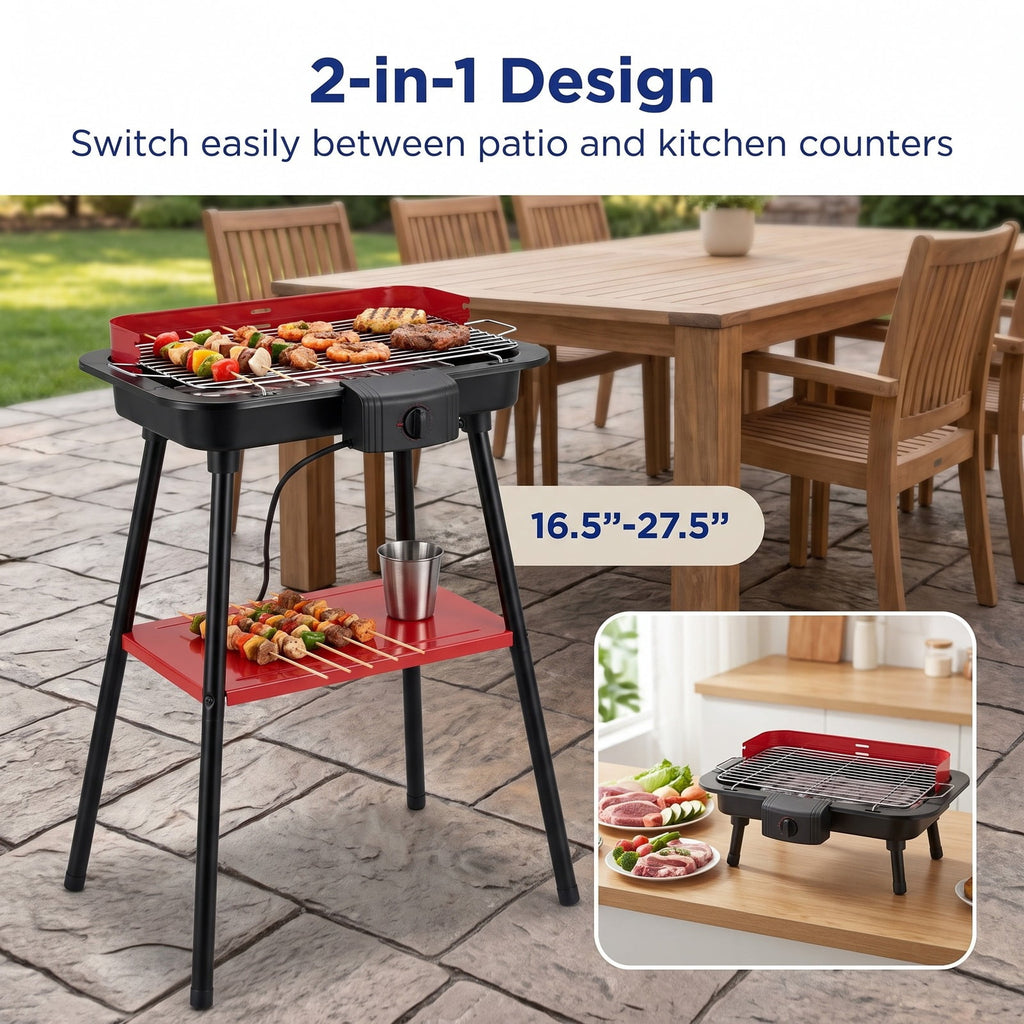 Airfind 1500W 2-in-1 Electric Grill featuring Detachable Stand and Dual Plates for Balcony, Metal PP Electroplated Chrome Enamel Zinc Sheet Frame, Red