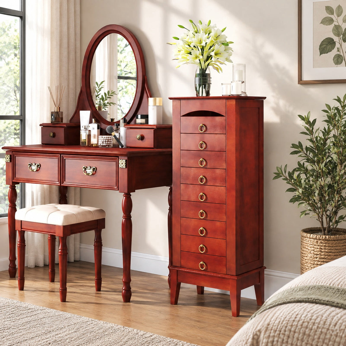 Airfind Large Capacity Jewelry Storage Cabinet with 9 Drawers, MDF Glass Frame, 16in x 10.5in x 40in Footprint, Walnut