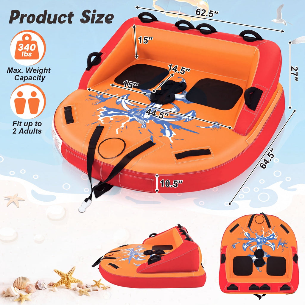 Airfind 2 Person Water Sport Inflatable Towable Tube for Boating with High Backrest and Padded Handles for Lake River and Sea Riding, Orange