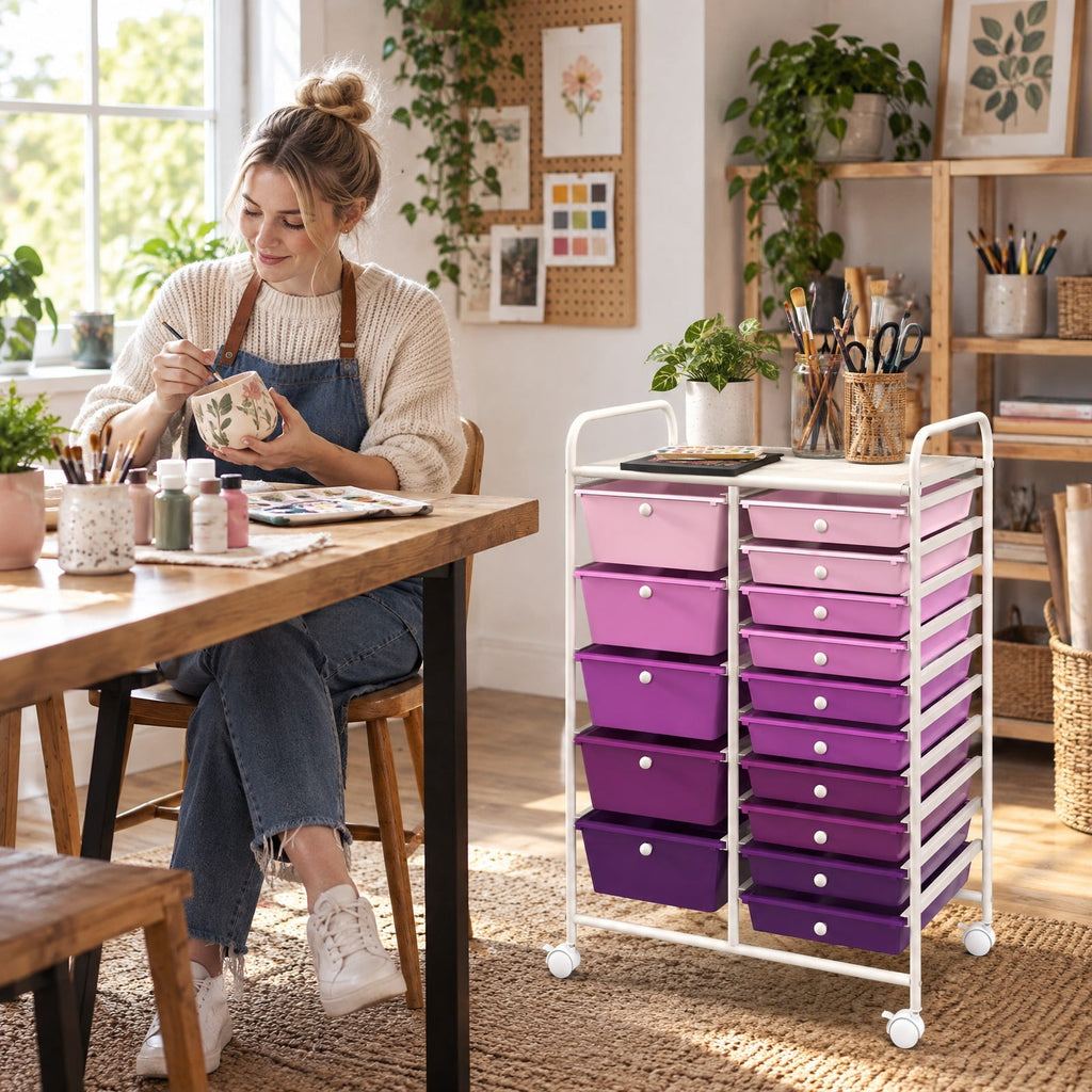 Airfind 15-Drawer Utility Rolling Organizer Cart Multi-Use Storage, Steel frame and plastic boxes Frame, 25 x 14.5 x 34.5 Footprint, Purple