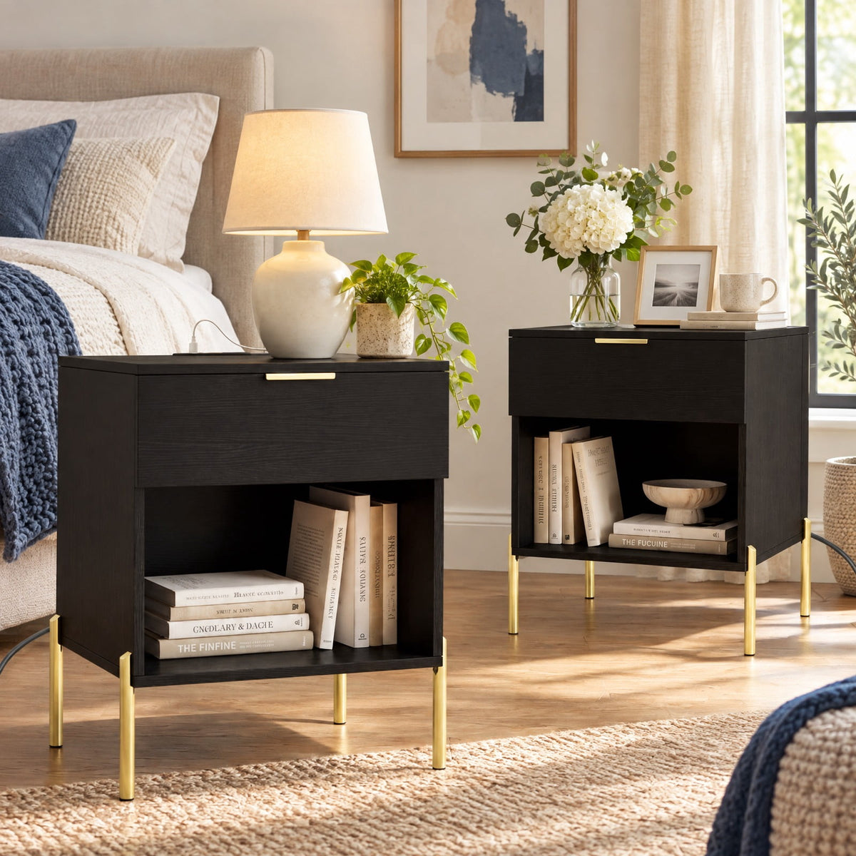 Airfind Modern Nightstand with Charging Station, Engineered Wood Metal MDF Frame, 18in x 16in x 23in Interior Footprint, Black