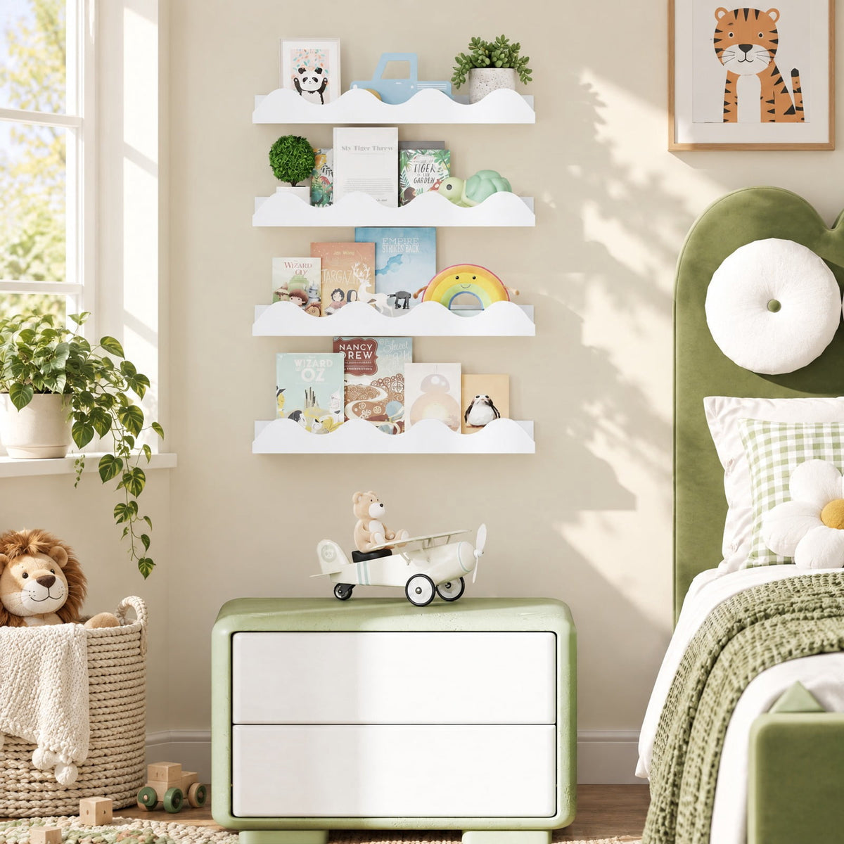 Airfind 16 Inch Kids Bookshelf Set of 4 Floating Nursery Book Shelves for Decoration Book Toy Storage, 11 lbs Capacity, Fir Wood Frame, White