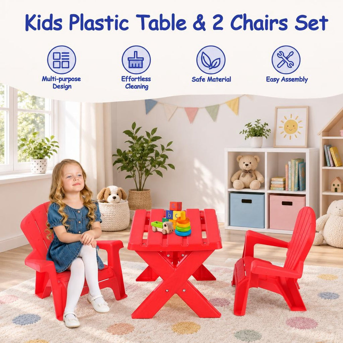 Airfind Plastic Youth Play Table, 3-Piece, Chair Set, 22 lbs Capacity, PP Frame, Durable construction lasts for years, Red