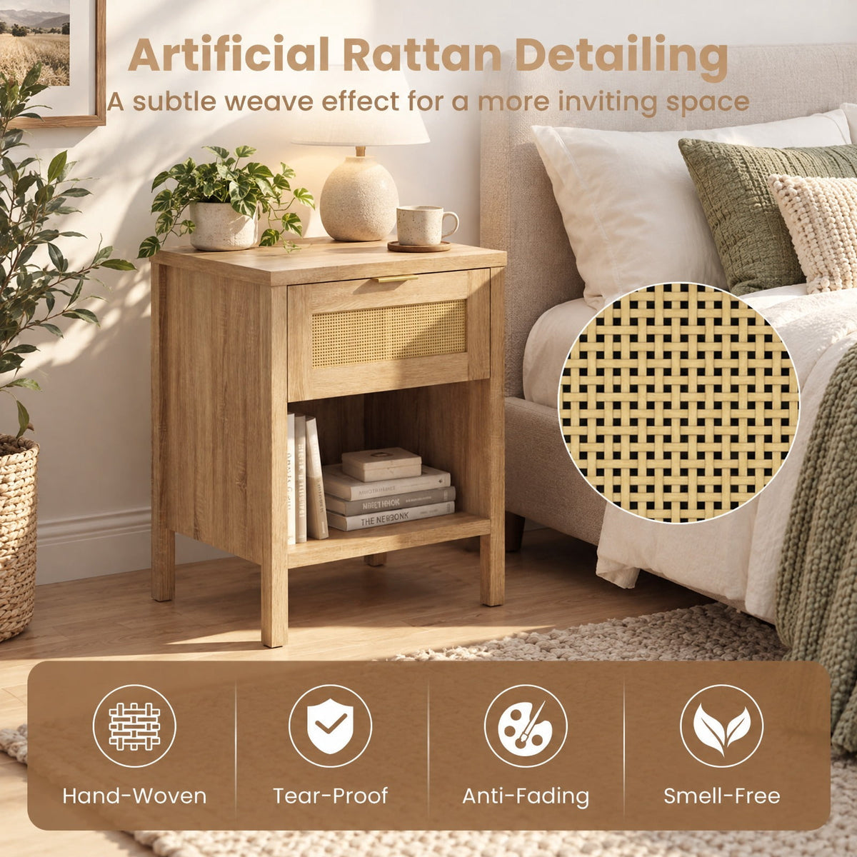 Airfind Rattan Nightstand with Charging Station and Storage Shelf for Bedroom, 88 lbs Capacity, Engineered Wood PVC Rattan Metal Frame, Oak