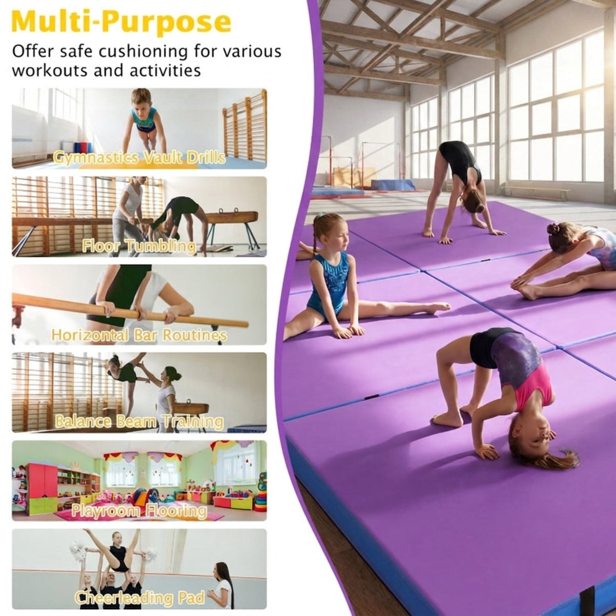 Airfind 4 x 4 FT Bi-Folding Gymnastic Tumbling Mat with Carry Straps and Washable Cover, 4 Inch Thick Foam Exercise Mat, Purple