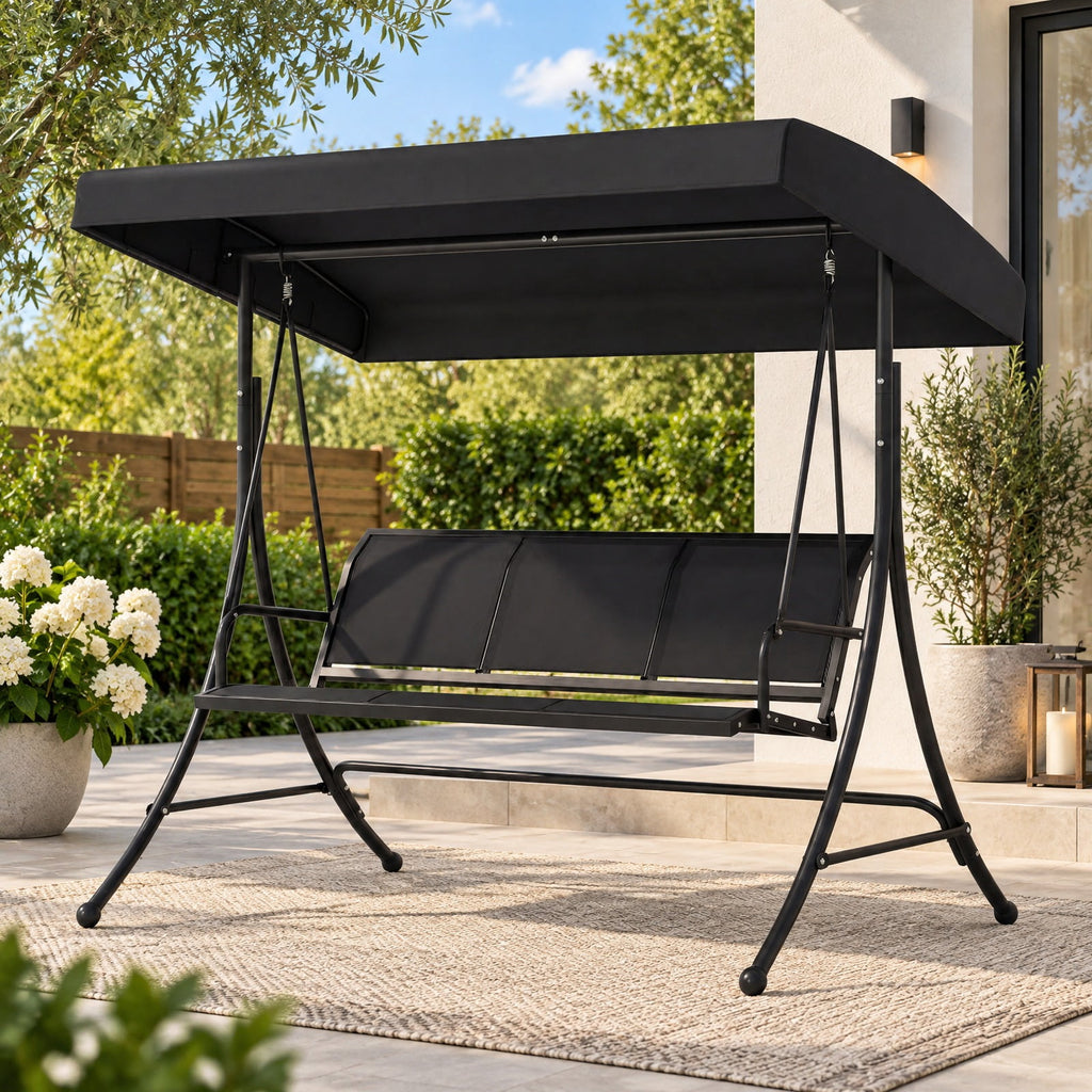Airfind 3-Seat Patio Swing Chair with Adjustable Canopy, 800 lbs Capacity, Metal Frame, 75 Inch x 48 Inch x 67 Inch Footprint, Black