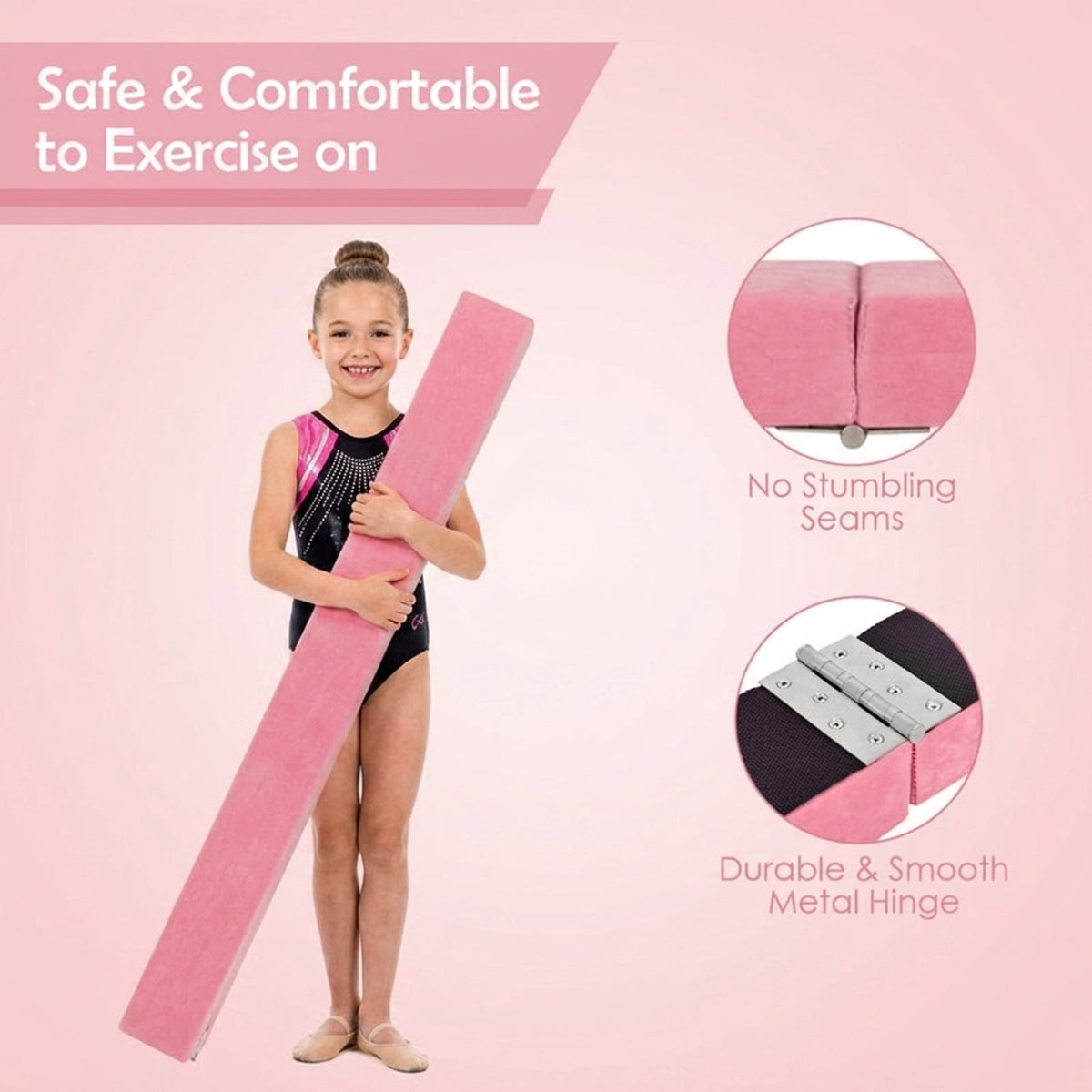 Airfind 7 ft Folding Practice Balance Beam with Suede Cover, Anti-Slip Pads and Pine Wood Frame, Pink