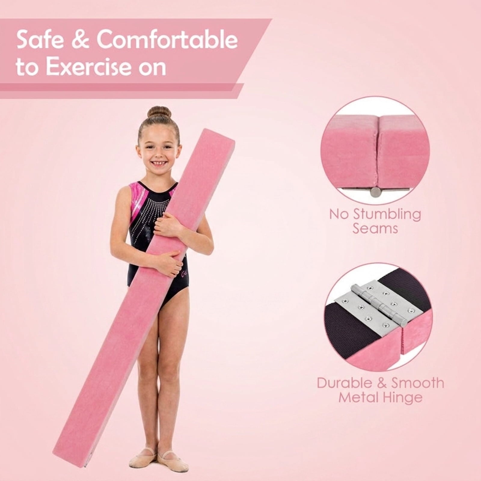 Airfind 7 ft Folding Practice Balance Beam with Suede Cover, Anti-Slip Pads and Pine Wood Frame, Pink