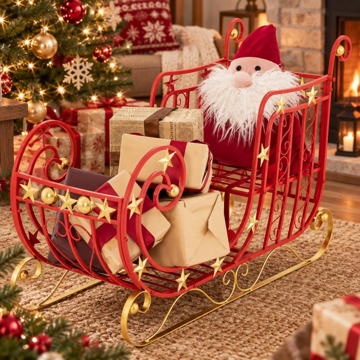 Airfind Metal Christmas Santa Sleigh with Large Cargo Area for Gifts, Metal Frame, 39 Inch x 14 Inch x 24 Inch Footprint, Red + Golden