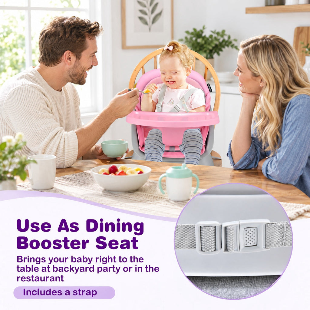 Airfind 6-in-1 Convertible Youth High Chair featuring Adjustable Removable Tray, 55 lbs Capacity, PP PU Fabric Frame, for 6-36 Months, Pink