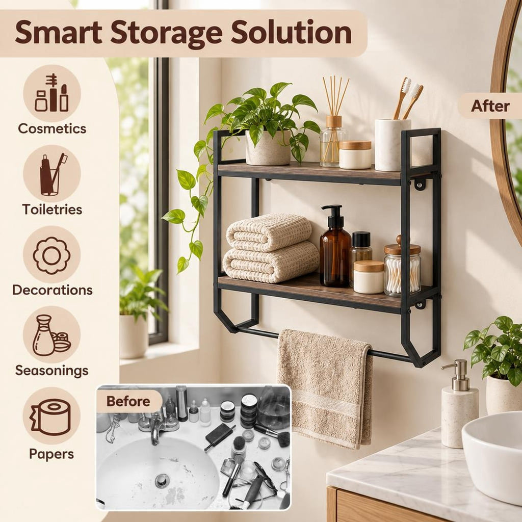 AIRFIND Bathroom Wall Shelf with Towel Bar, 2-Tier Over-Toilet Storage Rack with Metal Frame and 22 in Hanging Rail, 23 in Wide, Gray